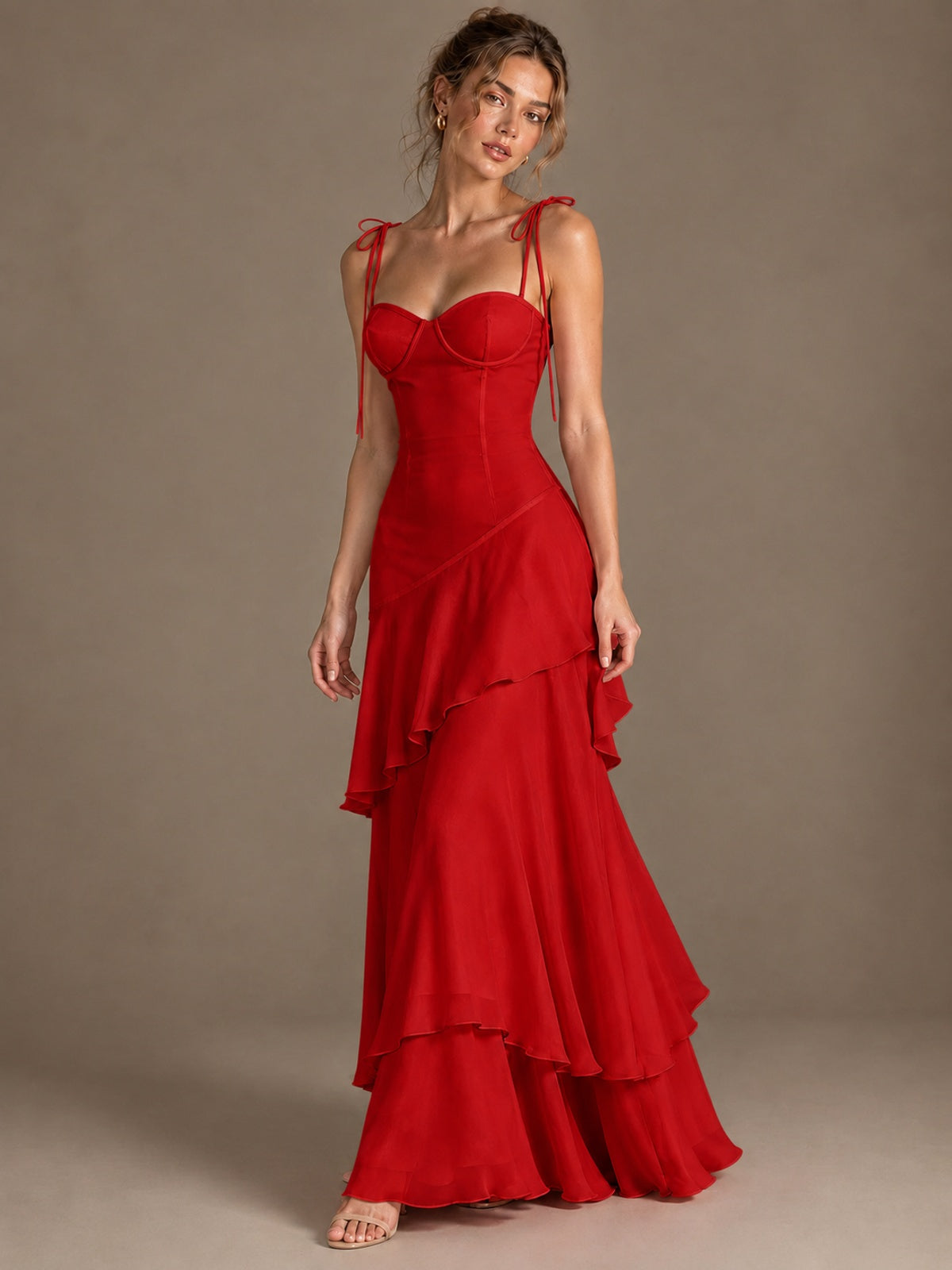 Spaghetti Strap Tiered Ruffles Chiffon Prom Dress