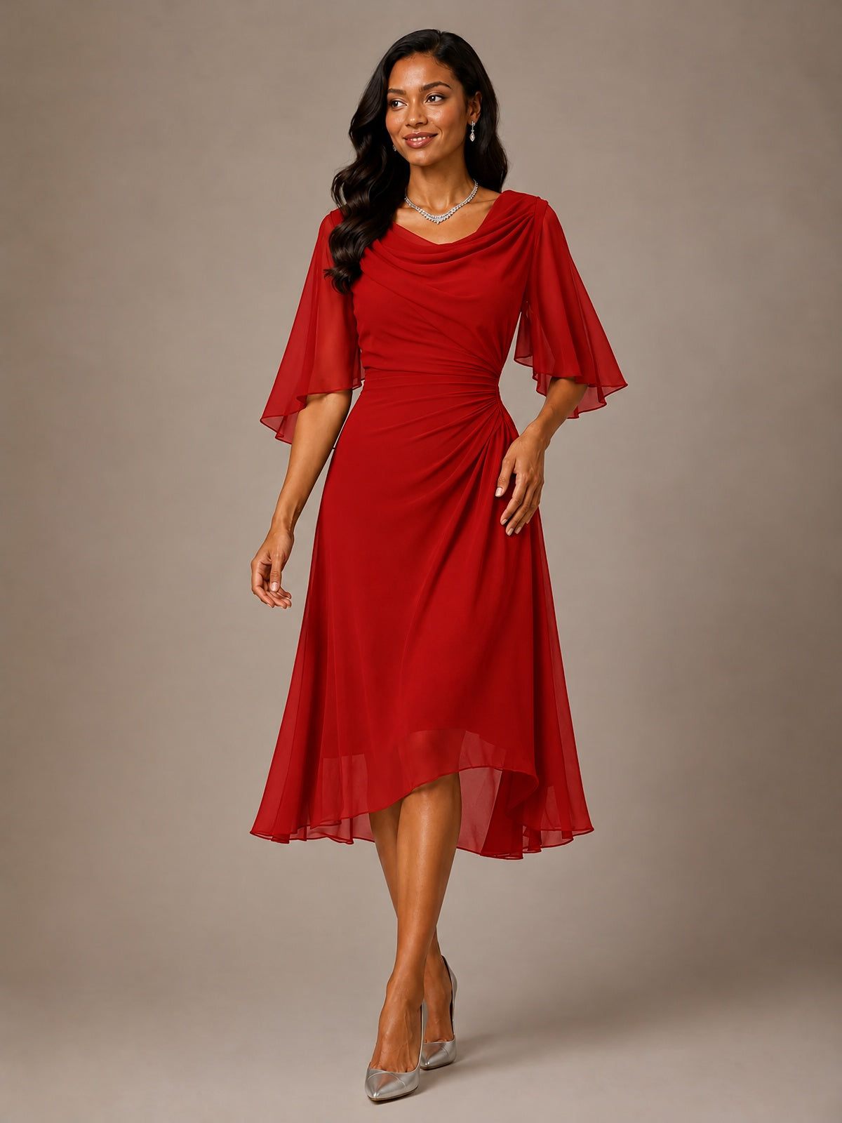 Cowl Neck Ruched Chiffon Mother of the Bride Dresses with Flutter Sleeves