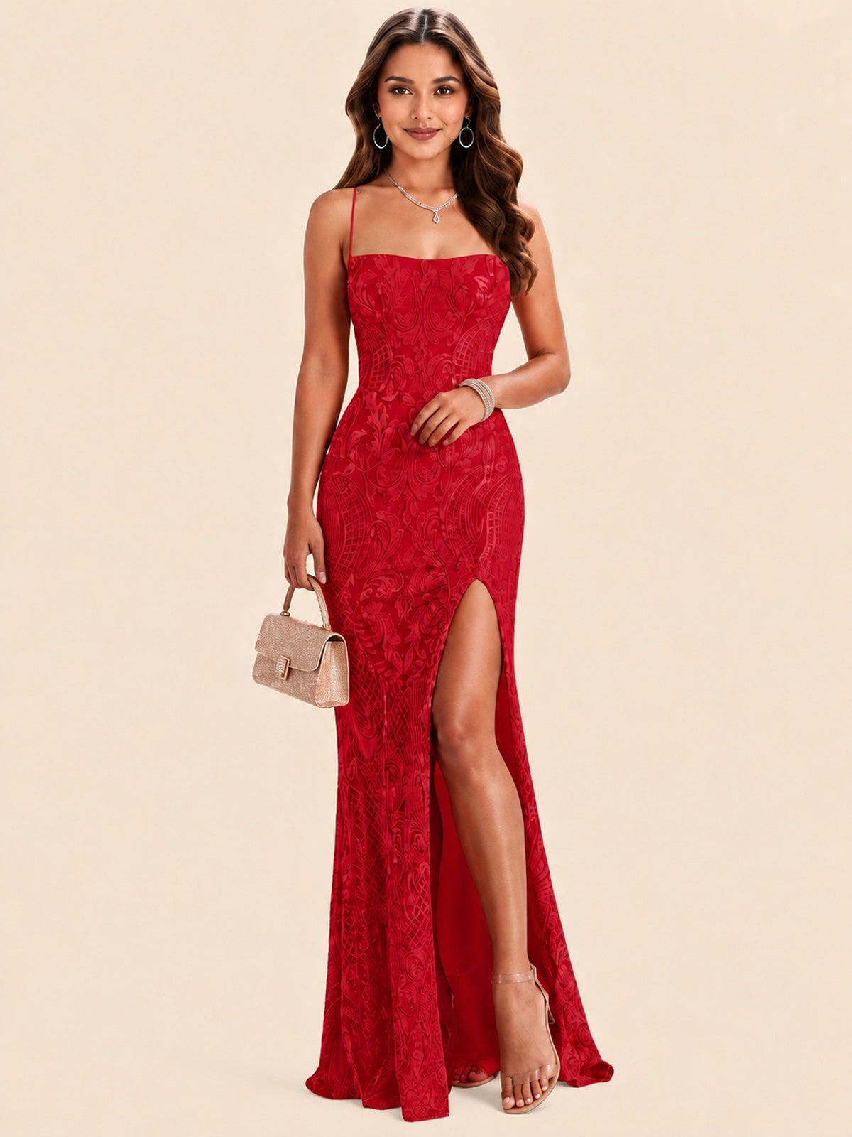 Sequin Lace Appliques Mermaid Prom Dress Spaghetti Strap Formal Gowns with Slit
