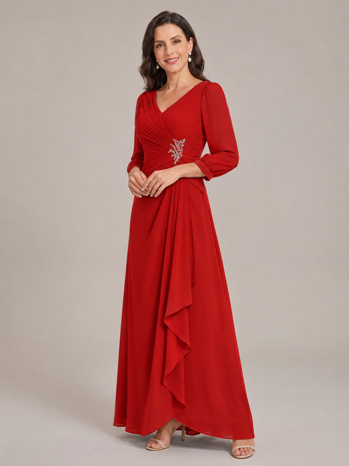 V-Neck Pleated Chiffon Mother of the Bride Dress with Flutter Sleeves