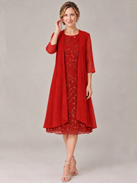 Tea Length Sequin Lace Mother of The Bride Dress with Chiffon Jacket