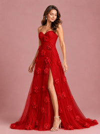 3D Floral Applique Strapless Tulle Prom Dress with High Slit