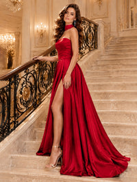 Strapless Prom Dress Side High Slit A-line Formal Dress with Scarf