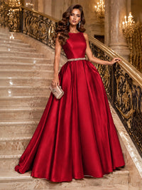 Satin A-Line Prom Dress Sleeveless Beaded Waist Formal Gown with Pockets