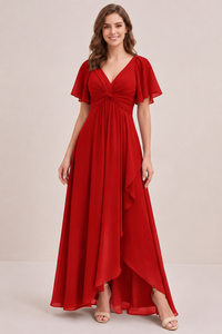 Dusty Blue Chiffon Bridesmaid Dress with Flutter Sleeves & High-Low Hem