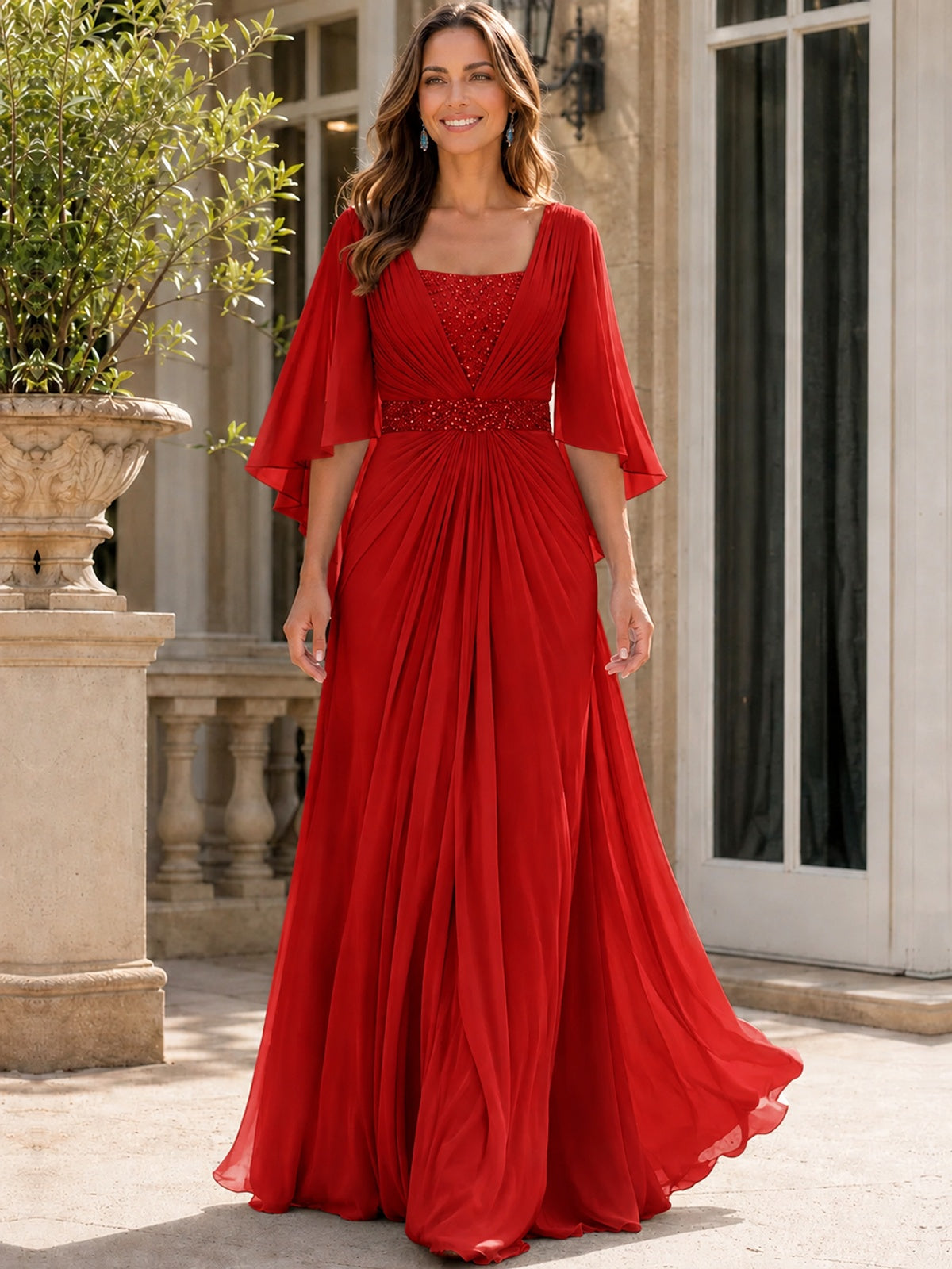 Elegant V-Neck Sequined Chiffon Mother of the Bride Dress with Flutter Sleeves