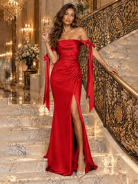 Off The Shuolder Satin Prom Dress Slit Mermaid Formal Gowns