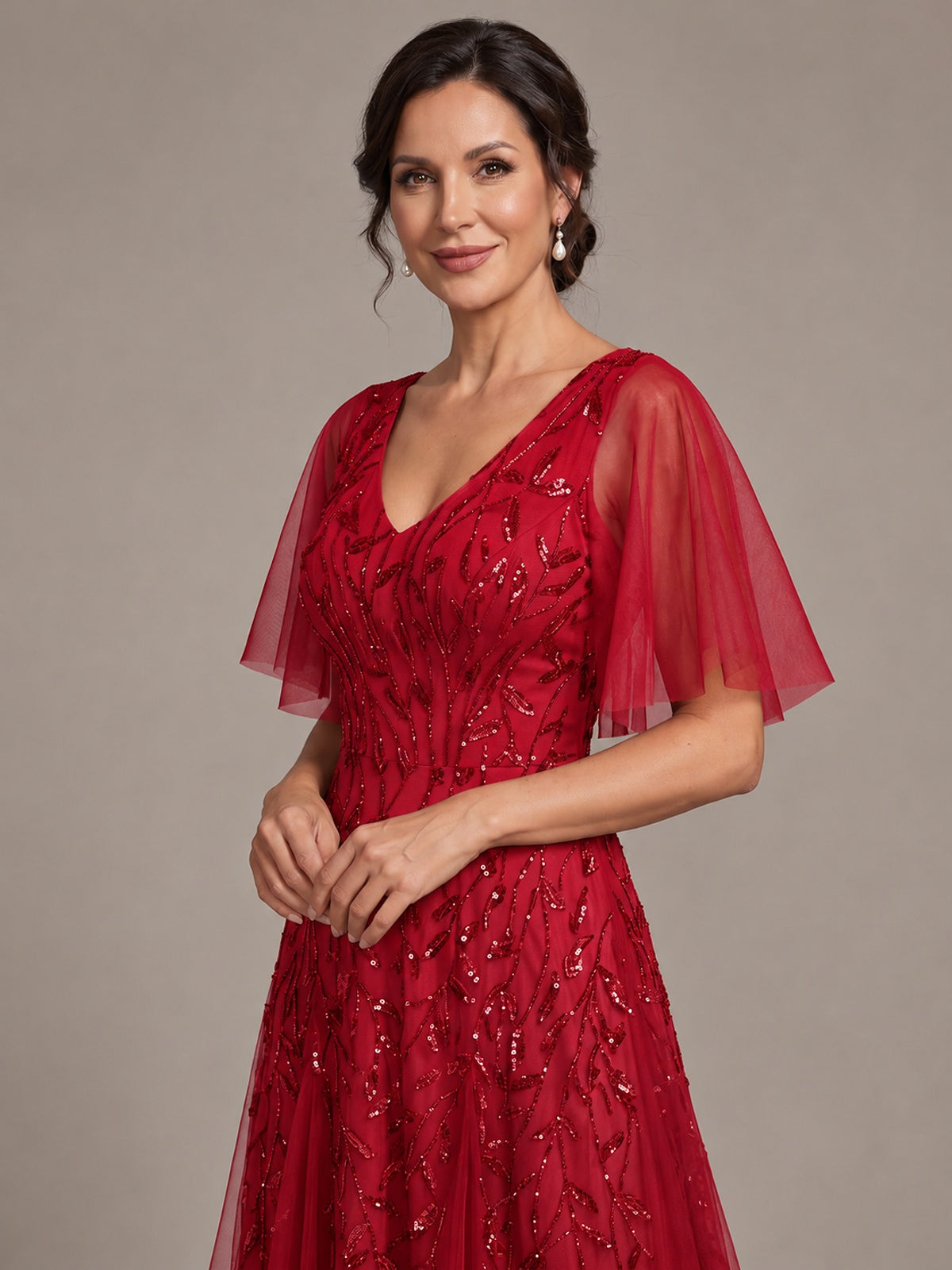 V-Neck Sequin Tulle Mother of the Bride Dress with Flutter Sleeve