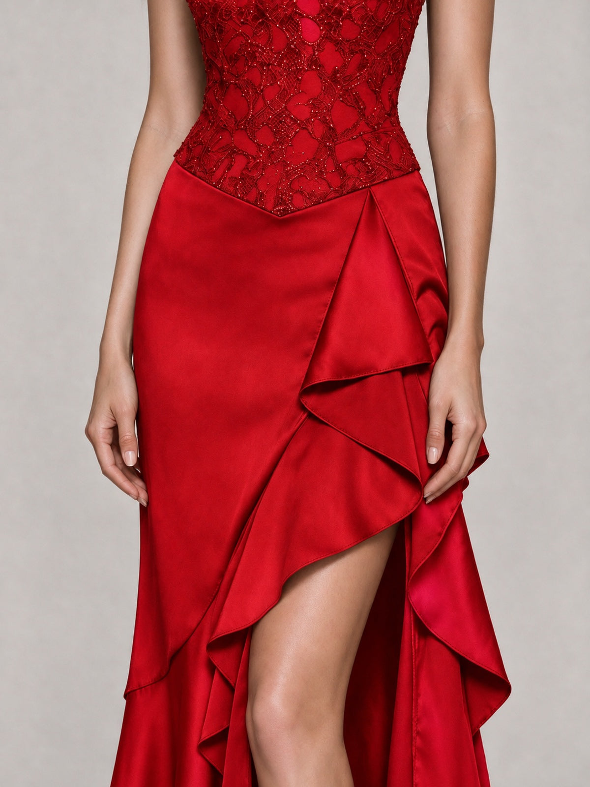 Strapless Lace Appliques Corset Satin Prom Dress Ruffle Slit Evening Gown
