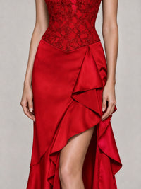 Strapless Lace Appliques Corset Satin Prom Dress Ruffle Slit Evening Gown
