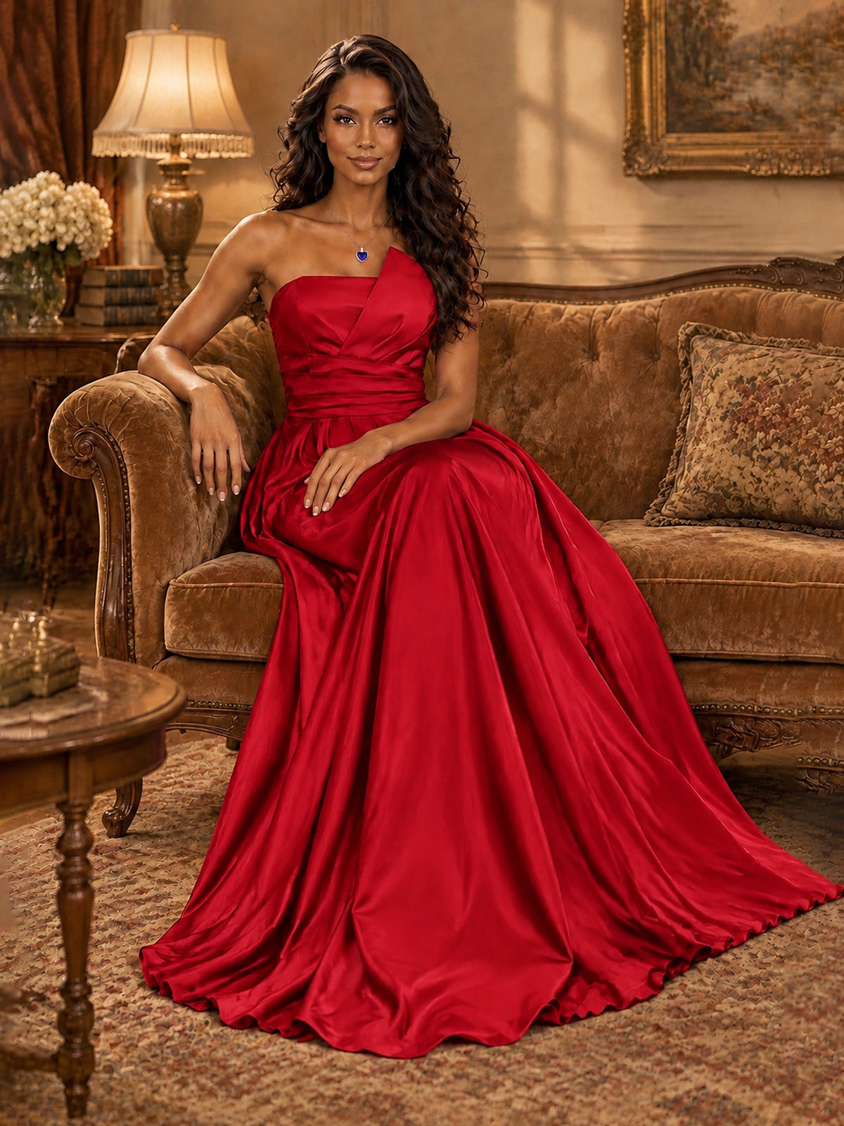 Draped Satin Prom Dress Strapless A-line Formal Dress Floor Length