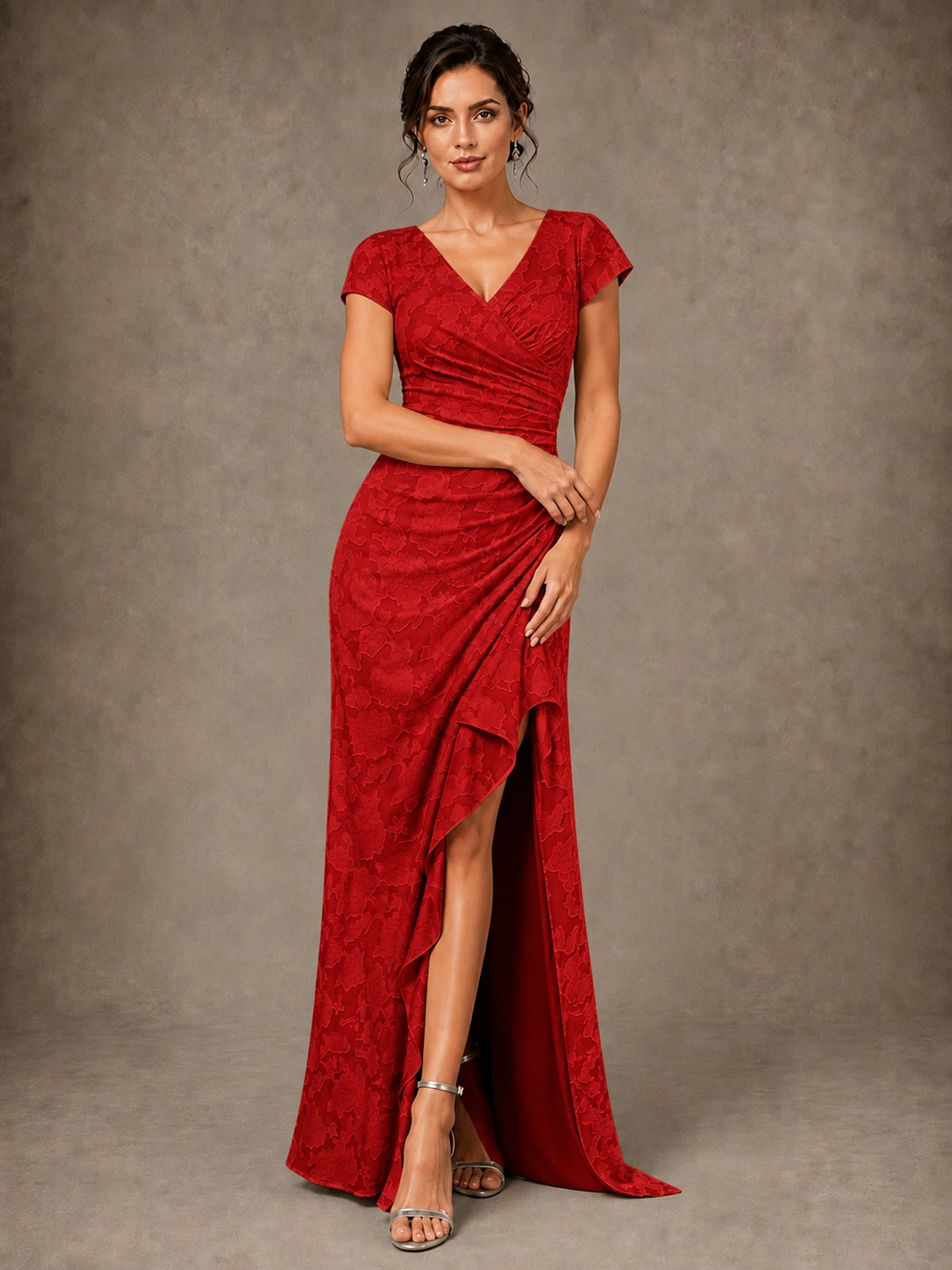 V-Neck Floral Jacquard Mother of the Bride Dress with Slit