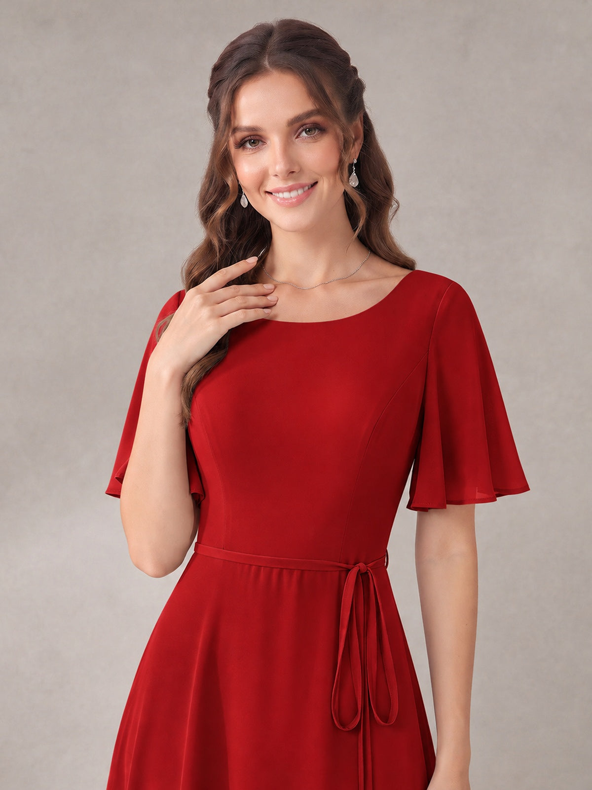 Scoop Neck A-line Chiffon Bridesmaid Dress with Flutter Sleeve & Belt