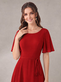 Scoop Neck A-line Chiffon Bridesmaid Dress with Flutter Sleeve & Belt