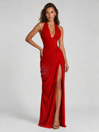 Ruched Halter Neck High-Slit Prom & Evening Dress