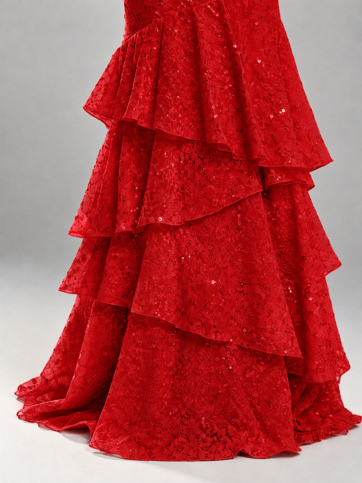 Halter Tiered Mermaid Prom Dress with Sparkly Lace