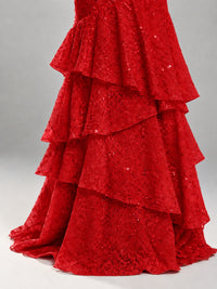 Halter Tiered Mermaid Prom Dress with Sparkly Lace