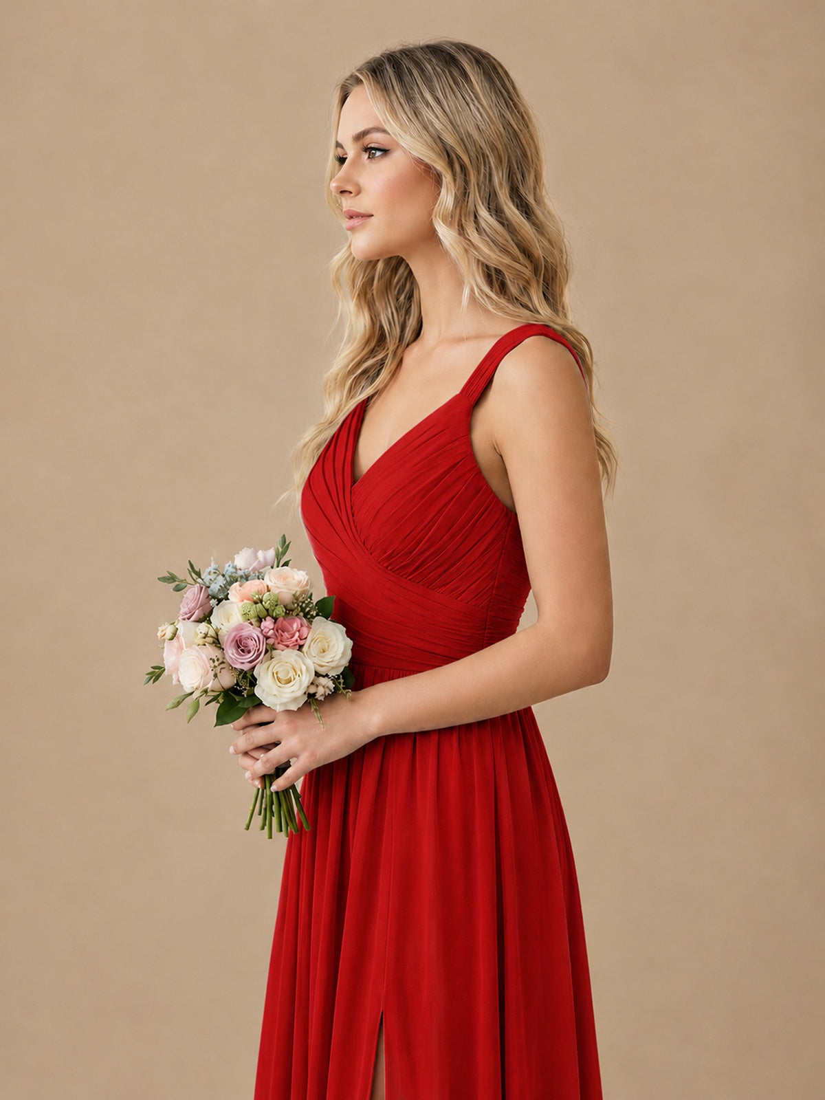 Pleated Chiffon V Neck Wedding Bridesmaid Dresses Floor Length with Slit