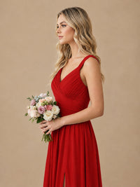 Pleated Chiffon V Neck Wedding Bridesmaid Dresses Floor Length with Slit