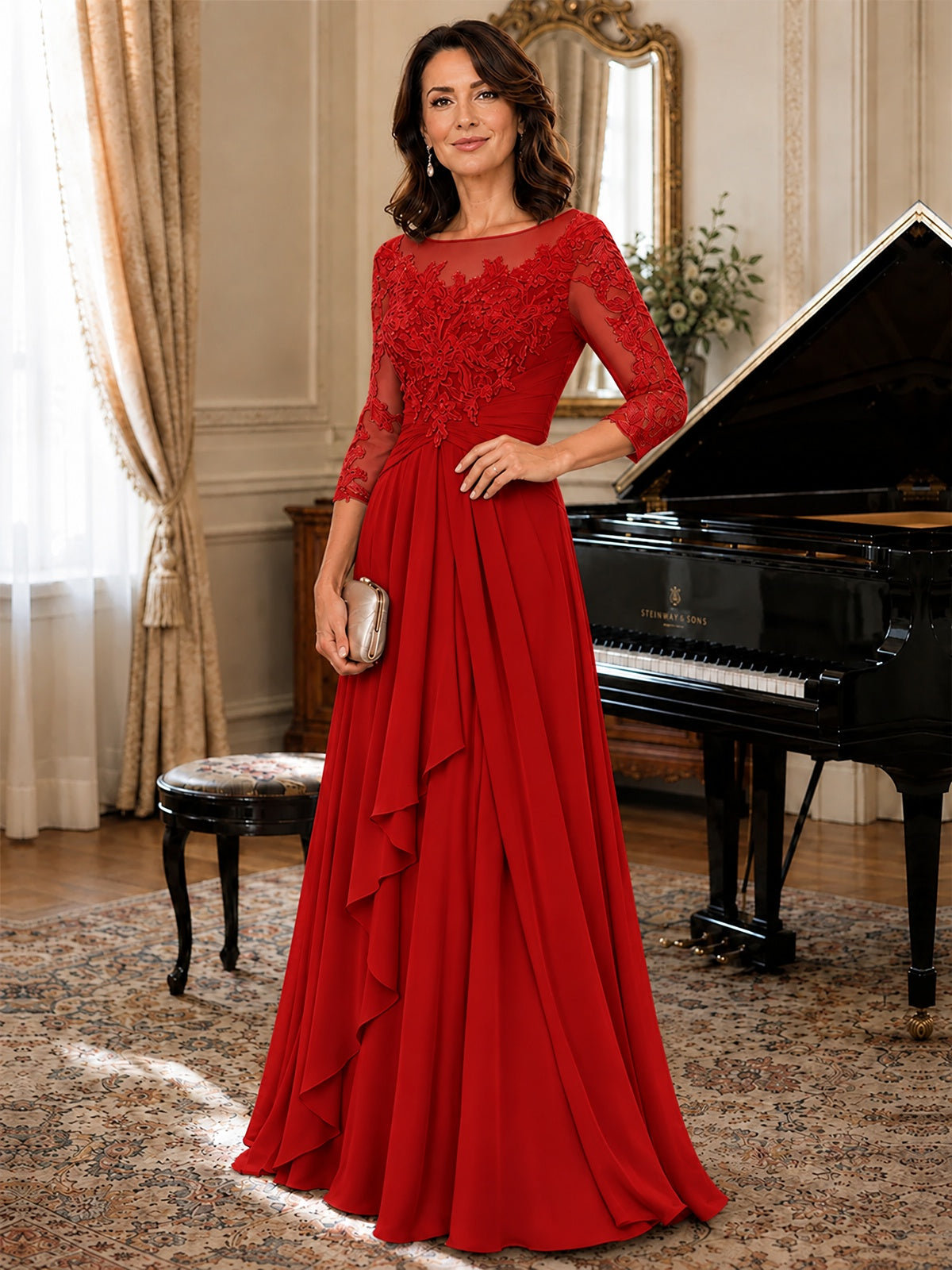 A-Line Chiffon Mother of the Bride Dress with Floral Applique 3/4 Sleeves