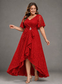 Jacquard Chiffon A-Line V-Neck High-Low Mother of the Bride Dress