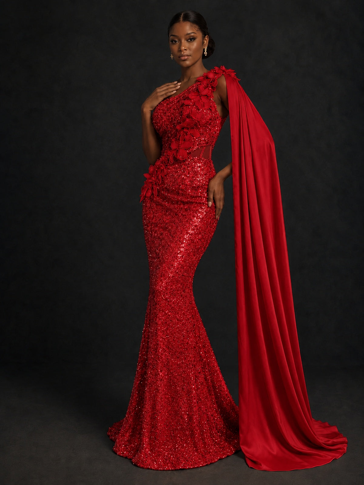 Gold Sequin One Shoulder Mermaid Prom Dress with Cape