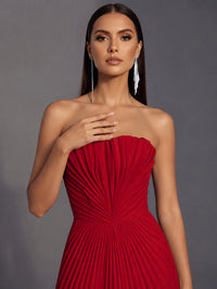 Strapless A-line Long Pleated Satin Prom Dress