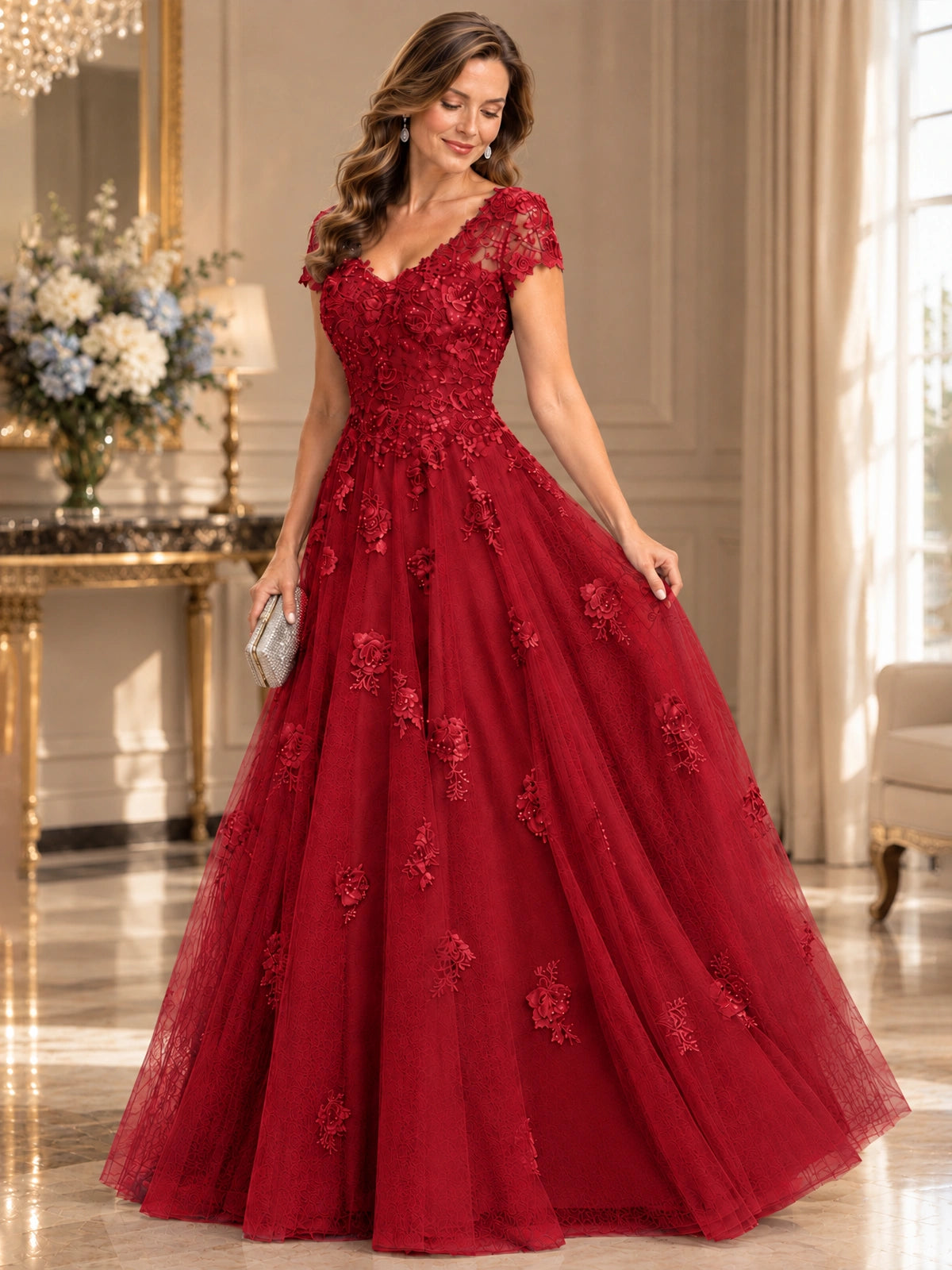 Lace Appliques A-line Mother of The Bride Dresses with Short Sleeves