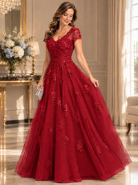 Lace Appliques A-line Mother of The Bride Dresses with Short Sleeves