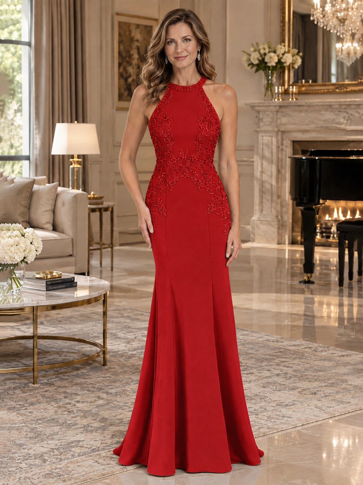 Halter Neckline Lace Appliques Mother of The Bride Dresses