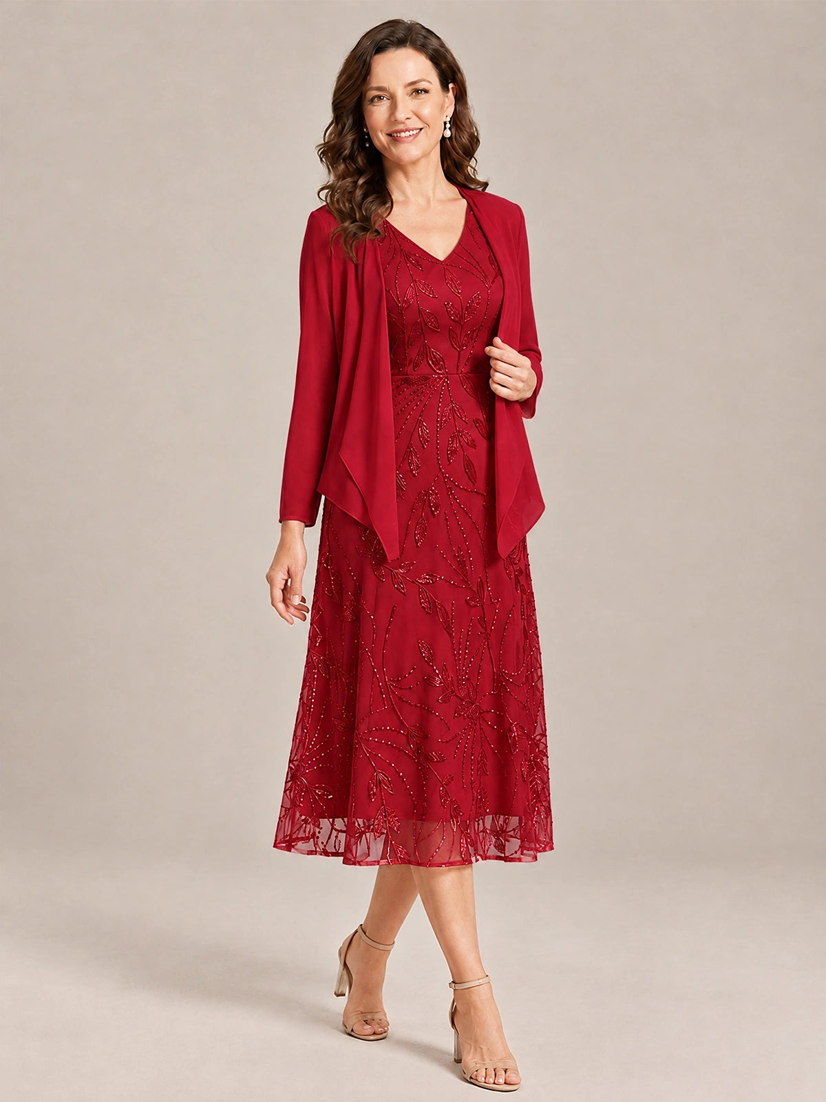 Tea Length Sequin Lace Mother of the Bride Dress with Chiffon Jacket