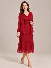 Tea Length Sequin Lace Mother of the Bride Dress with Chiffon Jacket