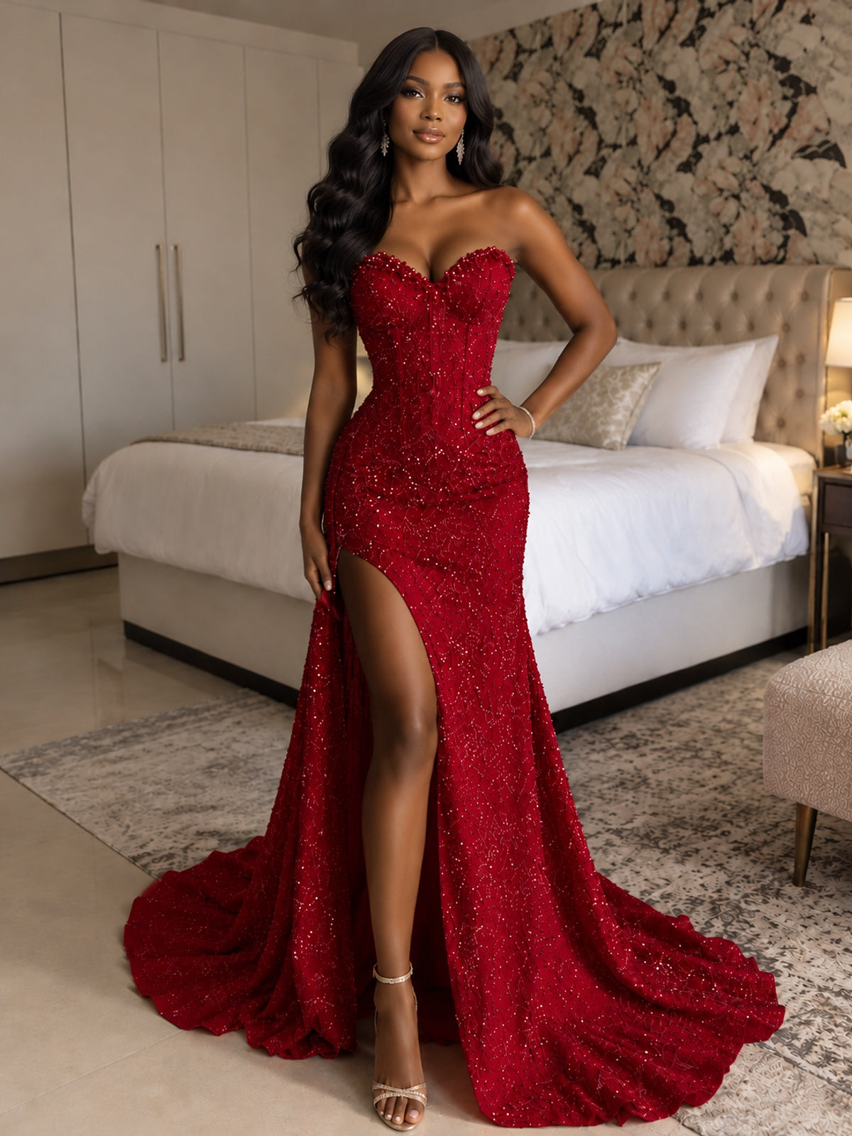 Beaded Sequin Prom Dress Strapless Formal Gowns with High Slit Train