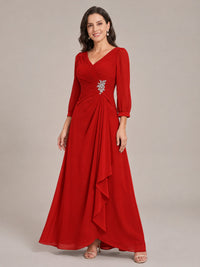 V-Neck Pleated Chiffon Mother of the Bride Dress with Flutter Sleeves