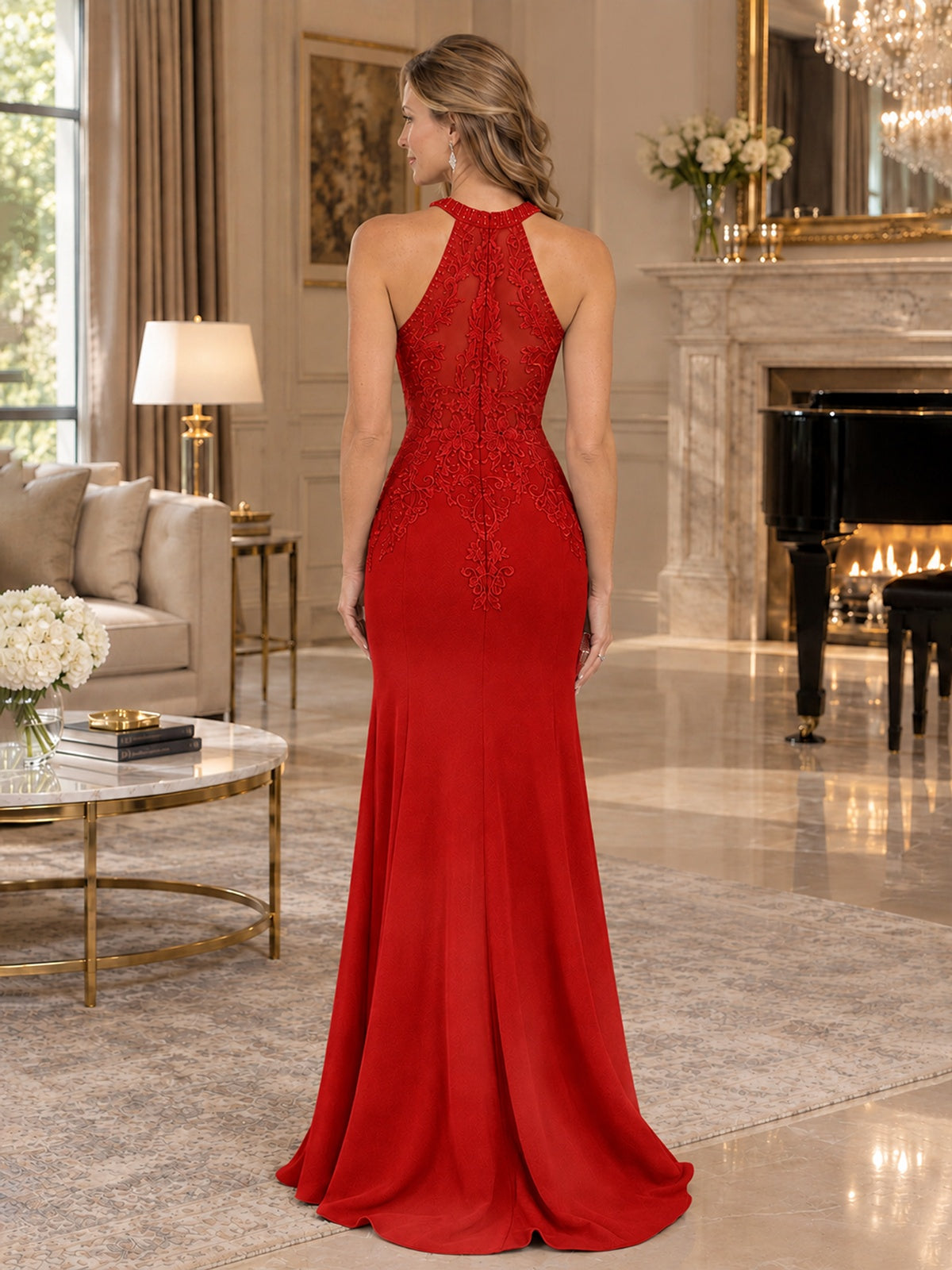 Halter Neckline Lace Appliques Mother of The Bride Dresses