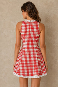 Red Gingham Lace-Trim Fit-and-Flare Mini Dress