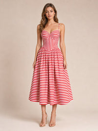 Red & White Striped Corset Midi Dress with Sweetheart Neckline