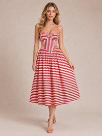 Red & White Striped Corset Midi Dress with Sweetheart Neckline