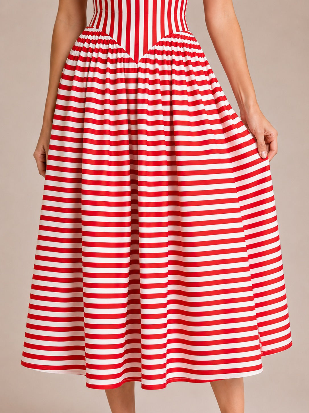 Red & White Striped Corset Midi Dress with Sweetheart Neckline