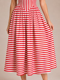 Red & White Striped Corset Midi Dress with Sweetheart Neckline