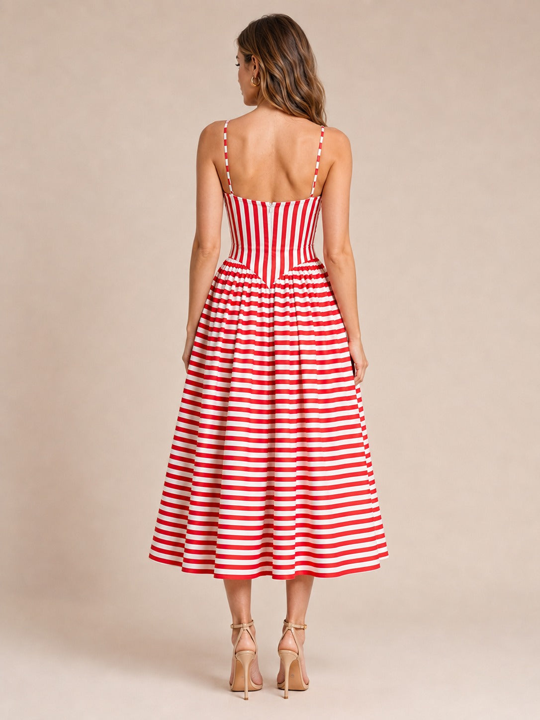 Red & White Striped Corset Midi Dress with Sweetheart Neckline