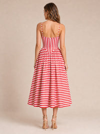 Red & White Striped Corset Midi Dress with Sweetheart Neckline