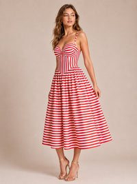 Red & White Striped Corset Midi Dress with Sweetheart Neckline