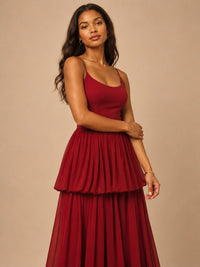 Red chiffon maxi dress with fitted bodice and tiered ruffle skirt