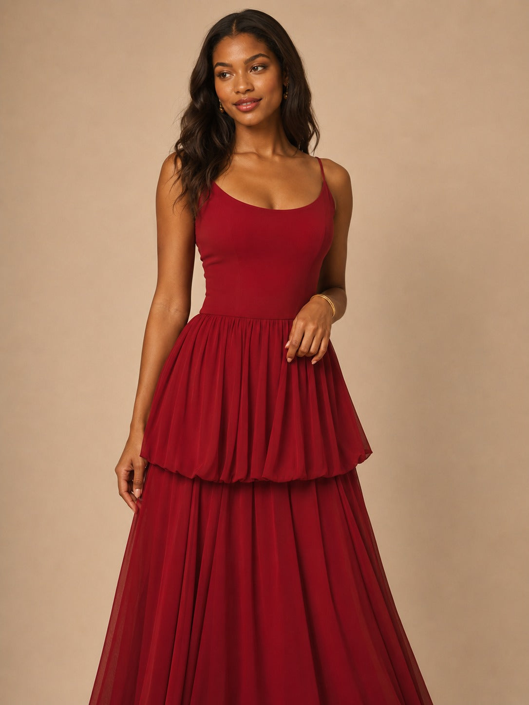 Red chiffon maxi dress with tiered ruffle waist detail