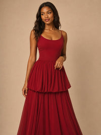 Red chiffon maxi dress with tiered ruffle waist detail