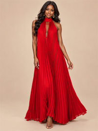 Rust Orange Pleated Halter Neck Maxi Dress