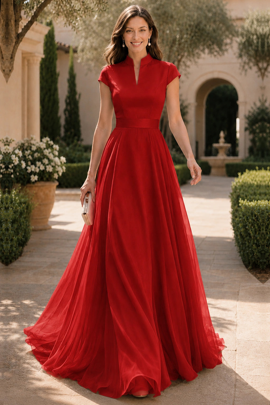 V Neck Cap Sleeve A-Line Floor-Length Satin Bridesmaid Dress