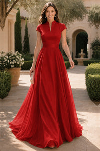 V Neck Cap Sleeve A-Line Floor-Length Satin Bridesmaid Dress