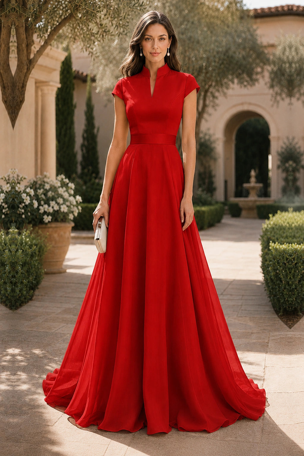 V Neck Cap Sleeve A-Line Floor-Length Satin Bridesmaid Dress